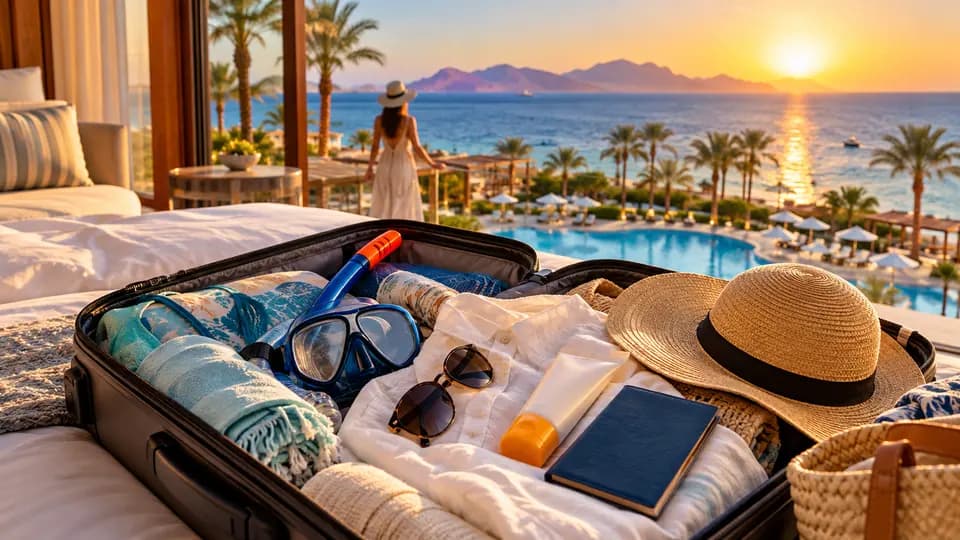 Suitcase packed for a Red Sea holiday with snorkel mask, sunglasses and sun hat