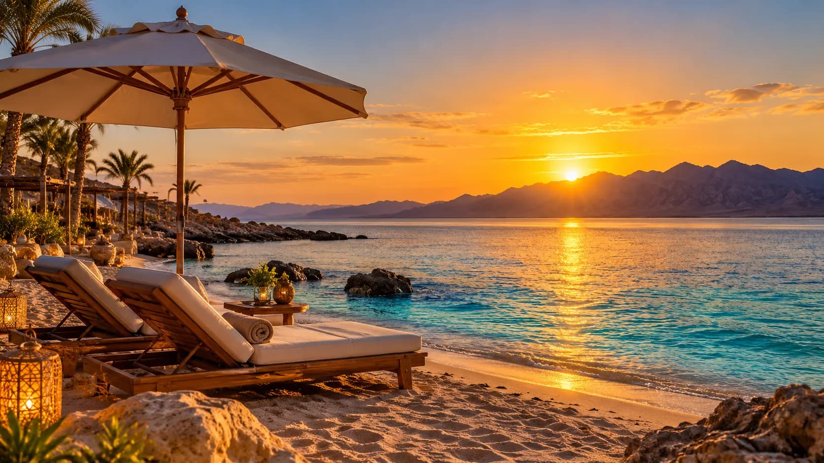Red Sea beach with sun loungers at sunset