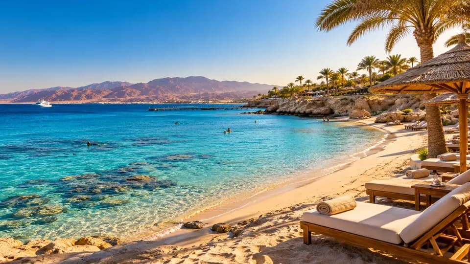 Sunny winter day on a Sharm El Sheikh beach with calm turquoise water