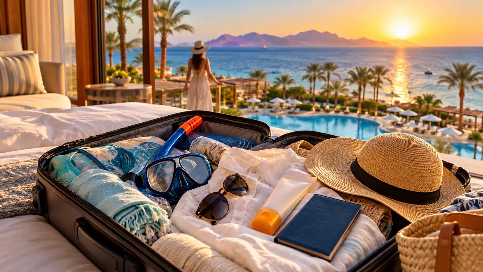 Suitcase packed for a Red Sea holiday with snorkel mask, sunglasses and sun hat
