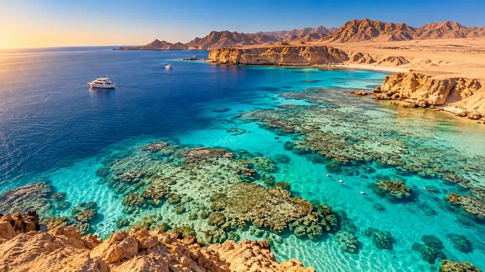 Aerial view of the turquoise lagoon and coral coast of Ras Mohammed National Park