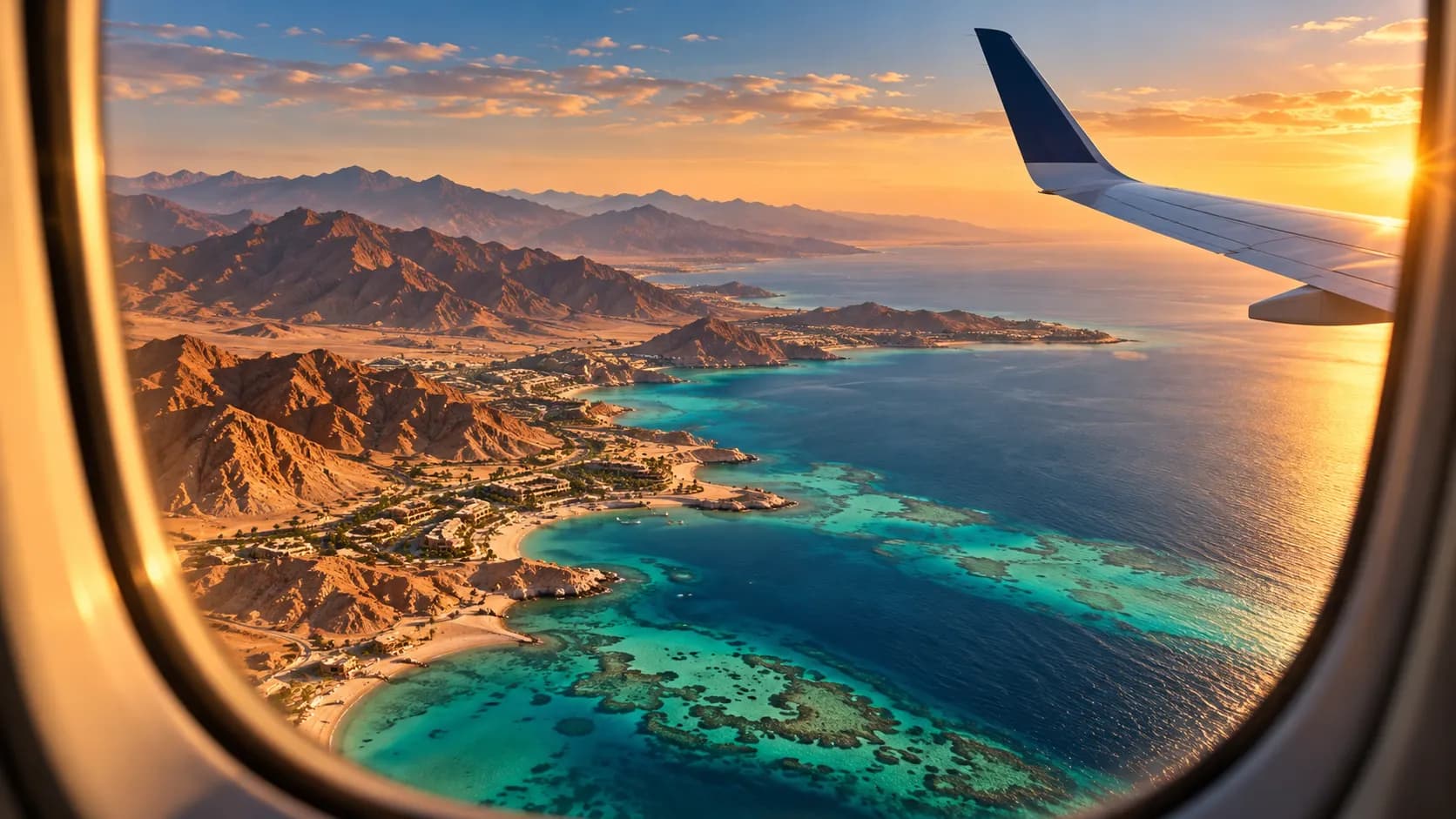 View from an airplane window over the Sinai coast and Red Sea